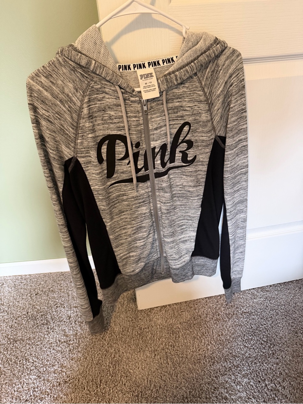 PINK Victoria's Secret Gray Marled Zip Hoodie with Black Panels